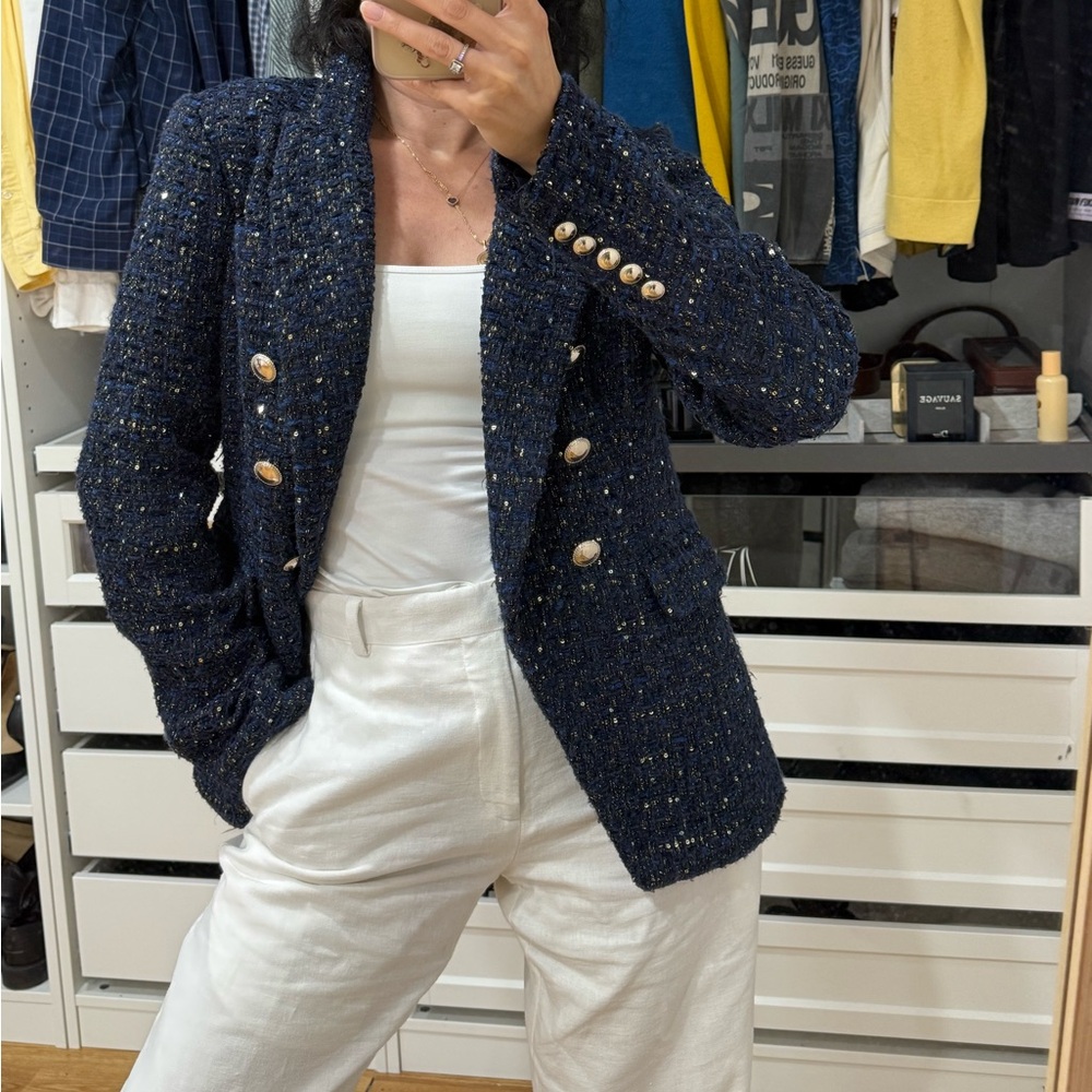 House of Harlow 1960 Navy Tweed Double-Breasted Blazer